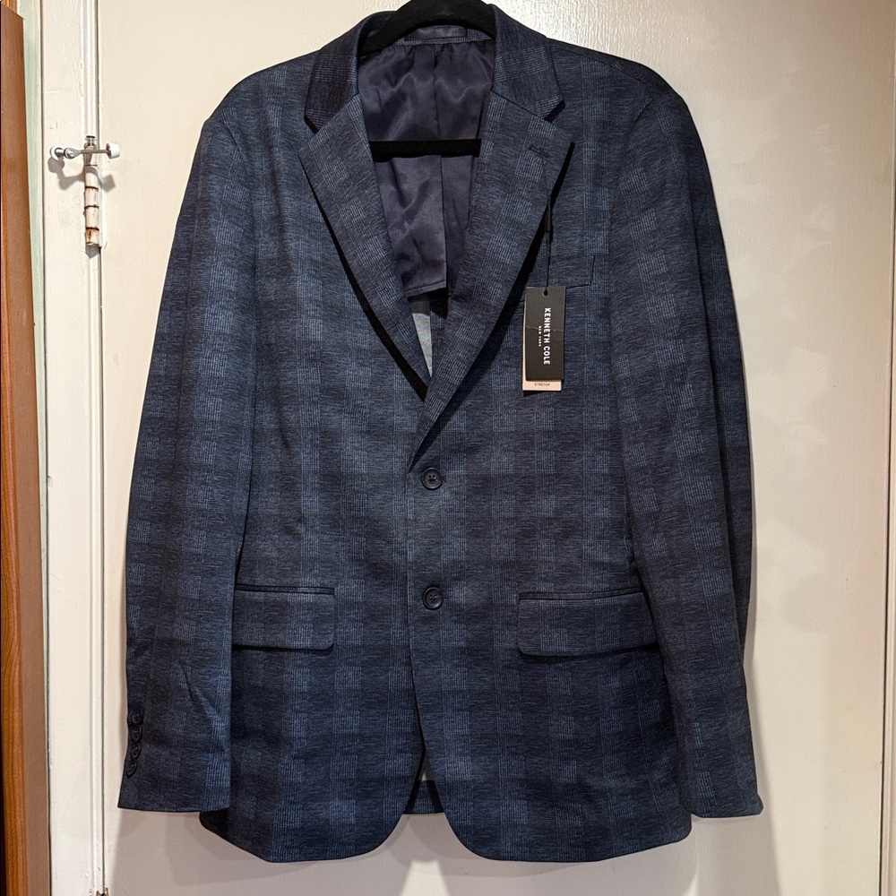 Kenneth Cole Mens Blazer Blue Check Stretch Pockets Side Vents Notch Lapel - S